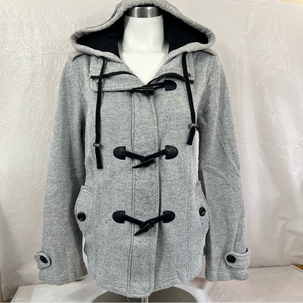 CATO Duffle Pea Coat Jacket Hooded w/ Zipper Snap Toggle Closer Grey
